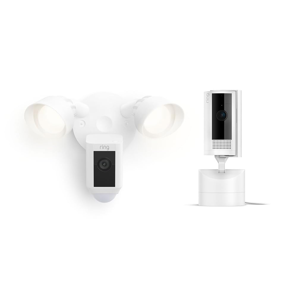 Ring Pan-Tilt Indoor Cam, White with Ring Floodlight Cam Wired Plus, White