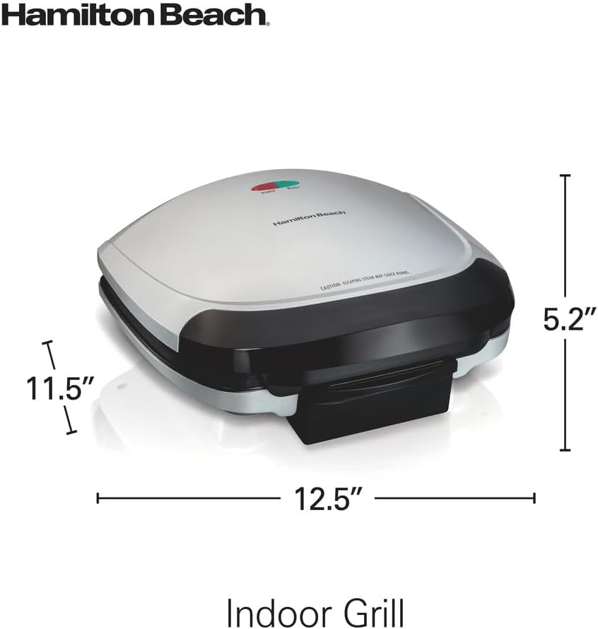 Hamilton Beach Electric Indoor Grill,6-Serving,Large 90 sq. in. Nonstick Easy Clean Plates,Floating Hinge for Thicker Foods,1200 Watts,6.38'D x 12.68'W x 13.78'H,Silver (25371),(Pack of 2)