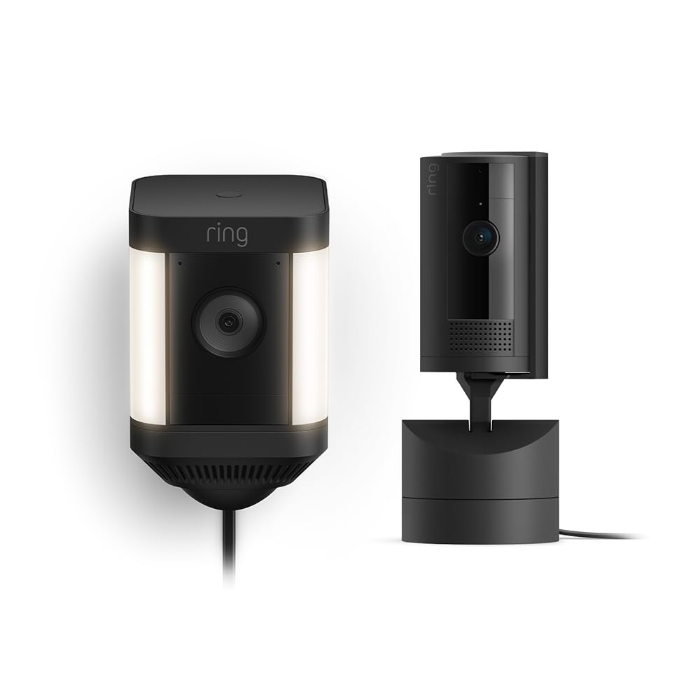 Ring Pan-Tilt Indoor Cam, Black with Ring Spotlight Cam Plus Plug-In, Black