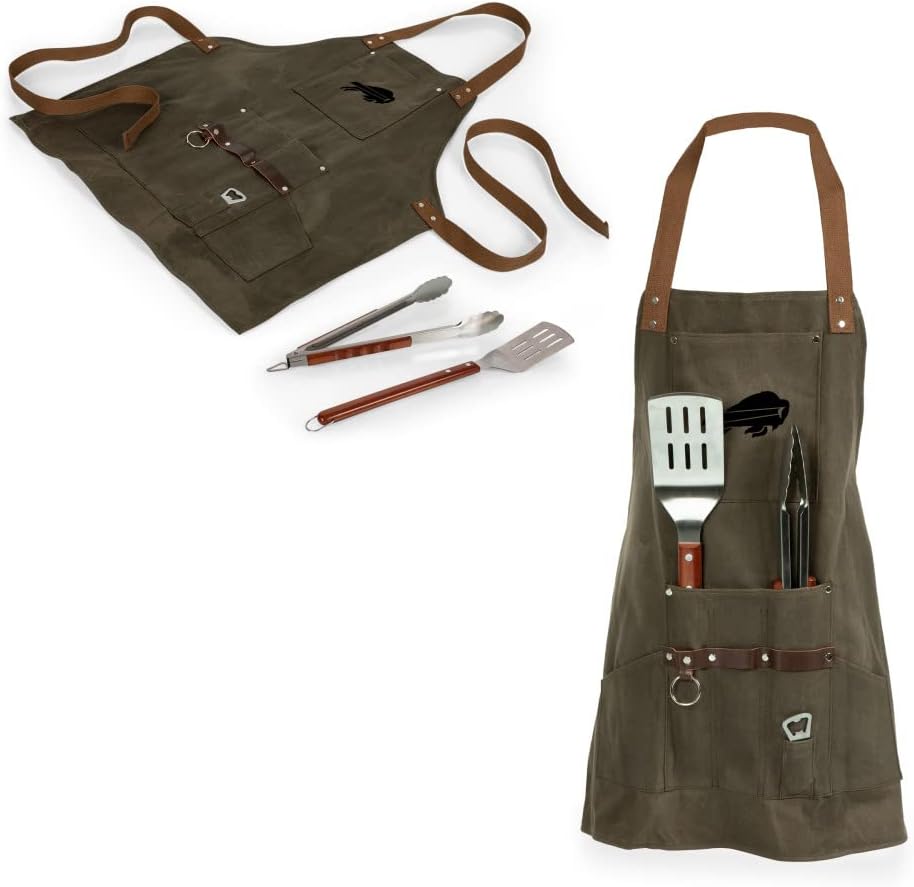 PICNIC TIME NFL BBQ Apron with Tools & Bottle Opener, (Khaki Green with Beige Accents)
