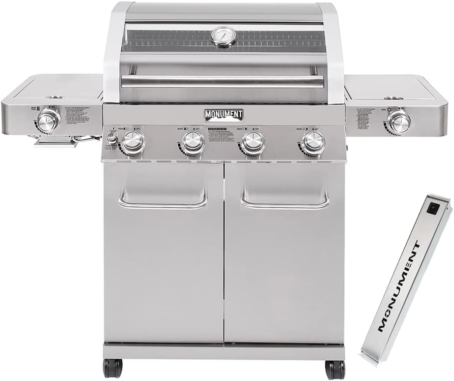 Monument Grills Larger 4-Burner Propane Gas Grills Stainless Steel Cabinet Style with Infrared Side Sear Burners & Side Burners with Smoke Box(2 items)