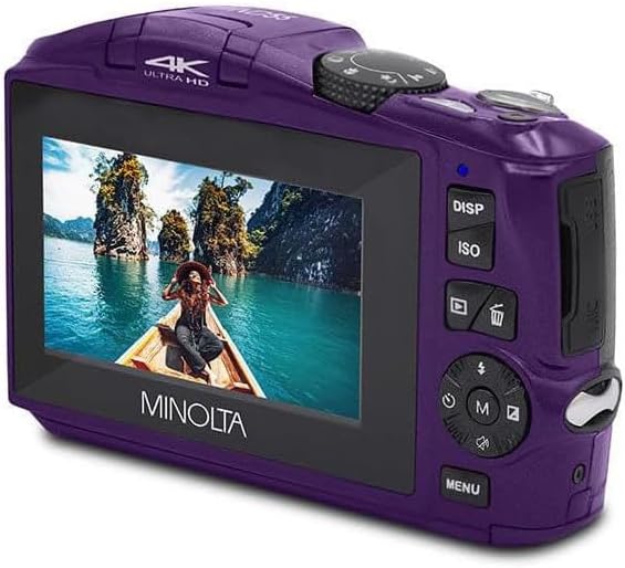 Minolta 64MP Digital Camera – 4K Ultra HD Video at 60FPS, 16x Digital Zoom, WiFi, CMOS Sensor, 3-inch LCD Display, Auto Exposure - Includes 32GB Memory Card, Rechargeable Battery (Purple)