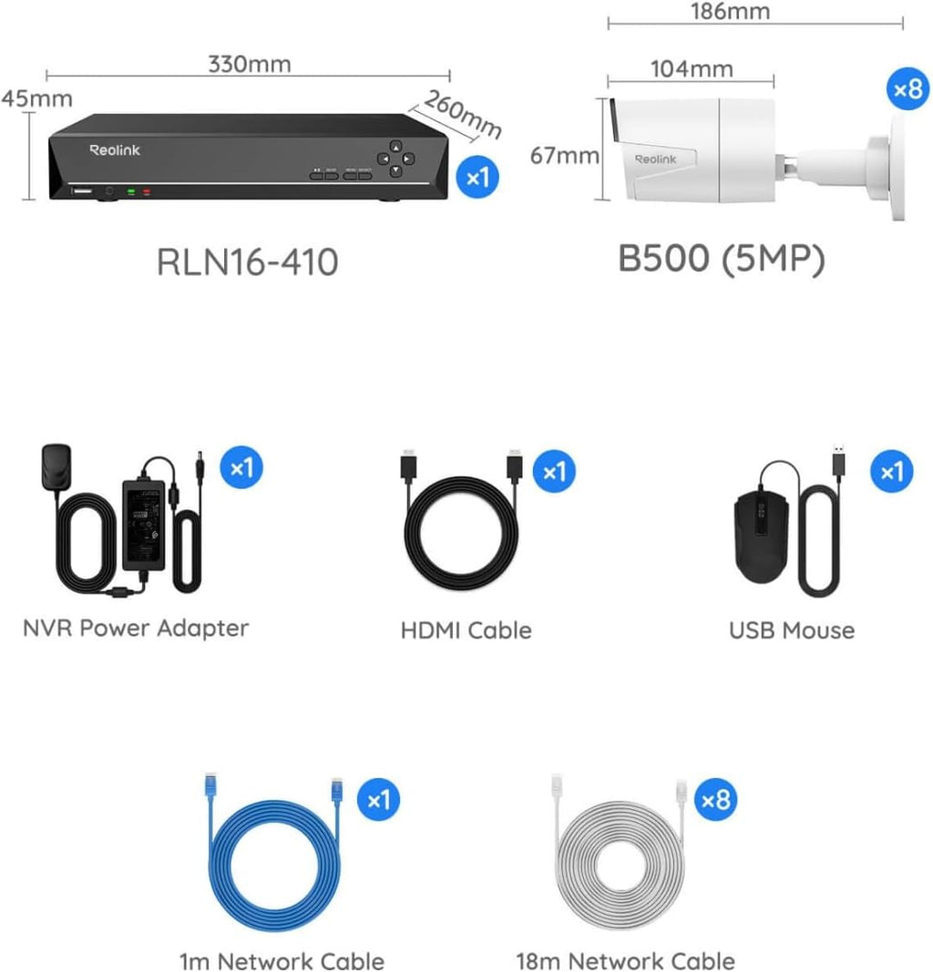 REOLINK 16CH 5MP Home Security Camera System, 8pcs Wired Outdoor PoE IP Cameras with Smart Detection, 8MP 16CH NVR with 4TB HDD for 24-7 Recording, High Bitrate & Clear Stream, RLK16-410B8-5MP