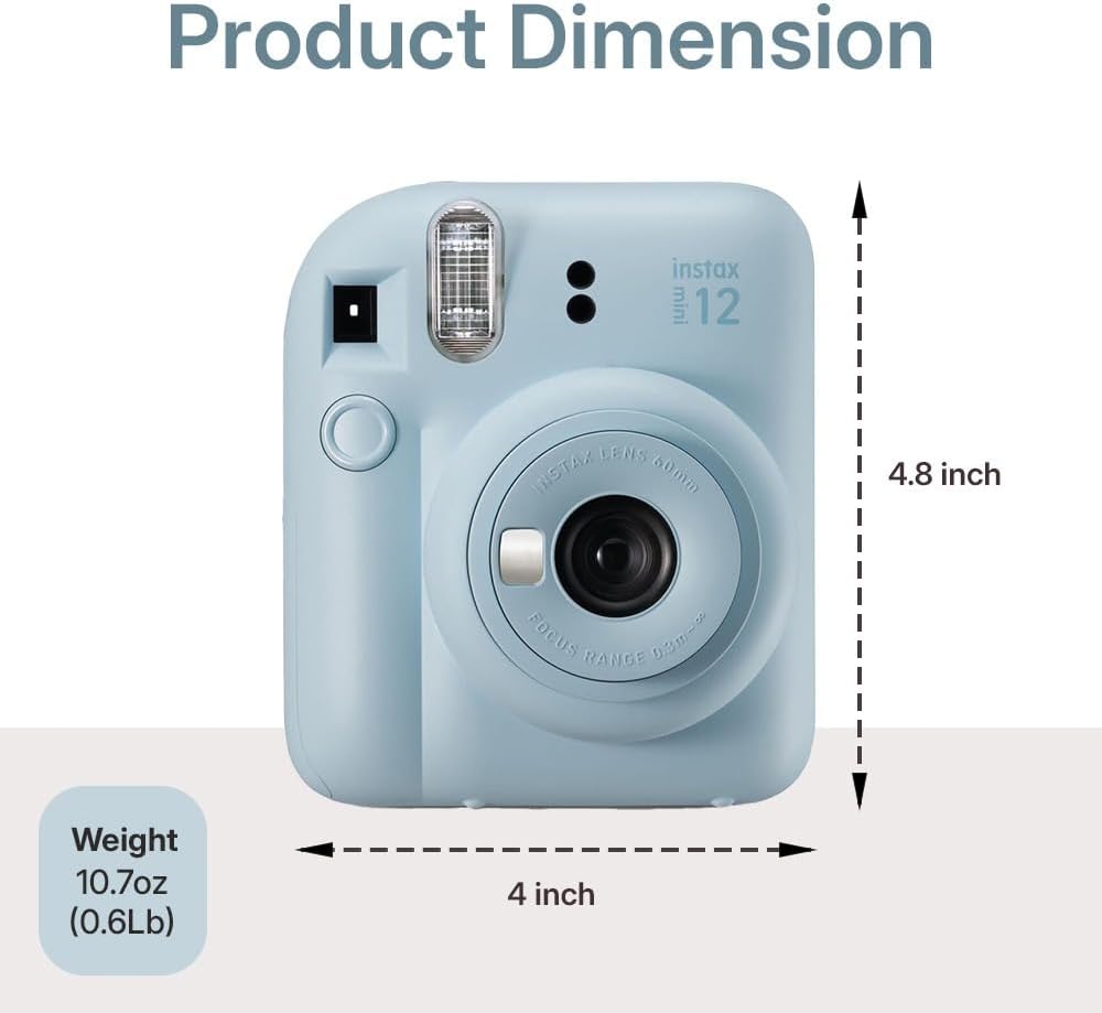 Fujifilm Instax Mini 12 Instant Camera Pastel Blue Bundle – Includes 40-Sheets Instax Mini Film, Protective Case, and Mini Photo Album
