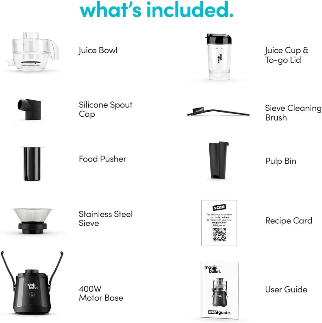 Magic Bullet® Mini Juicer,Countertop Space-Saving,2' Feed Chute for Fruits and Vegetables,400W,16oz Cup,Compact Design,Black,MBJ50100AK,(Pack of 2)