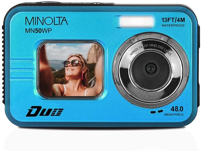 Minolta 48MP Underwater Digital Camera – 5K Ultra HD Video, Autofocus, 16x Digital Zoom, Dual LCD Screens, Selfie Front Screen, Waterproof to 13ft, Rechargeable Battery, 32GB Card (Blue)