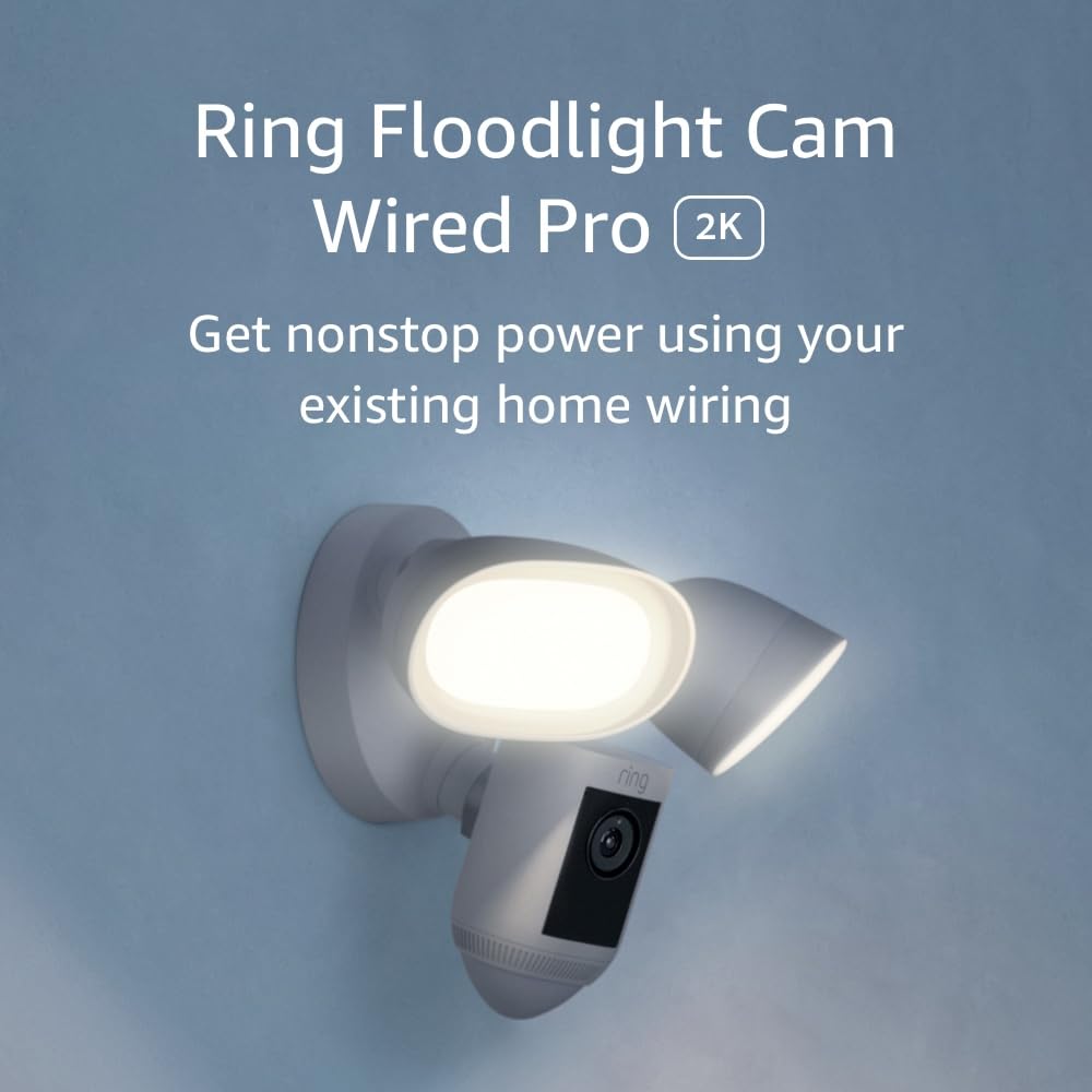 Like-New Ring Floodlight Cam Wired Pro with Bird's Eye View and 3D Motion Detection, White
