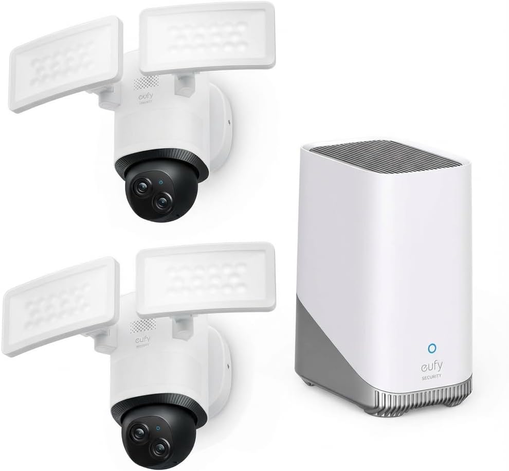 eufy Security Floodlight Wired Camera E340 2pack+Homebase3, Security Camera Outdoor, 355° Pan & Tilt, 24/7 Recording, 2000 LM, Motion Detection, Dual Cam, No Monthly Fee,Expandable Storage up to 16TB