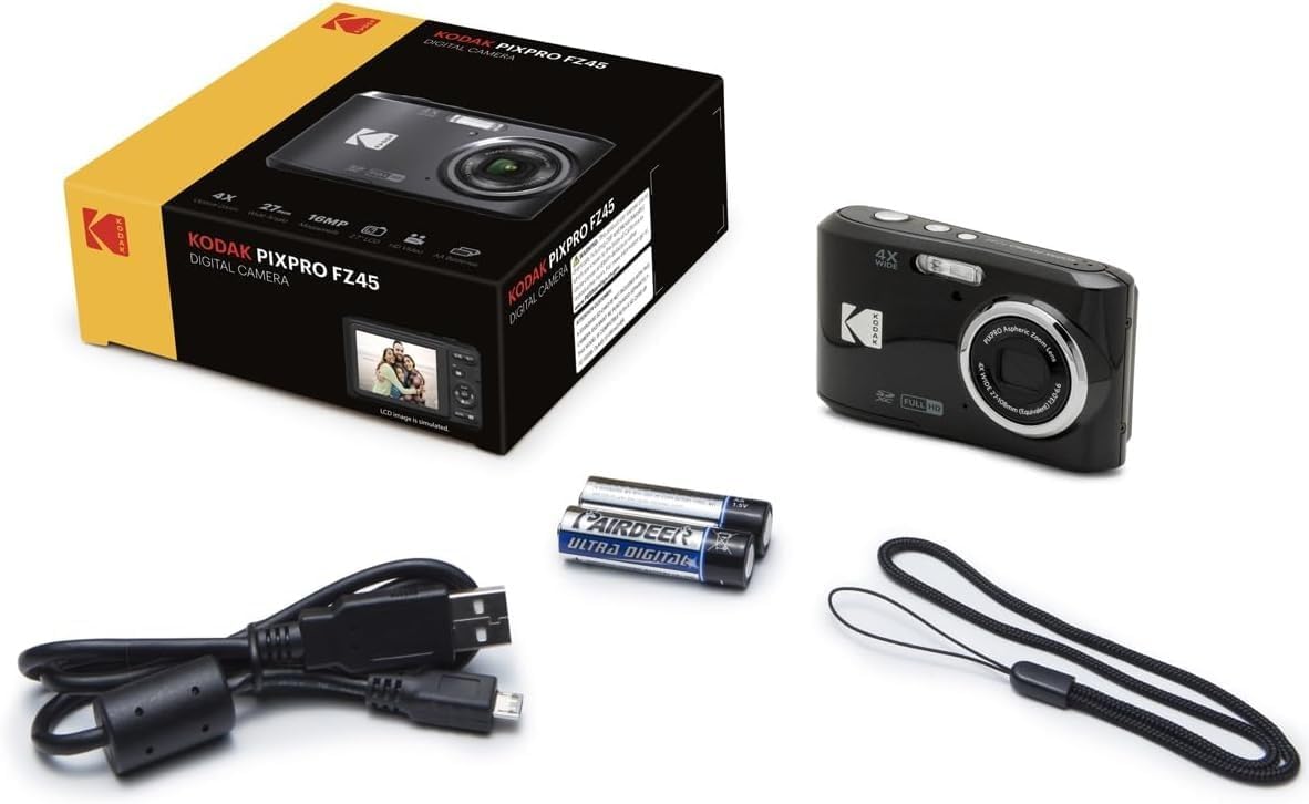 KODAK PIXPRO FZ45-BK 16MP Digital Camera 4X Optical Zoom 27mm Wide Angle 1080P Full HD Video 2.7' LCD Vlogging Camera, Bundle with Camera Case and 32GB SD Card, Kodak 1-Year Limited Warranty. (Black)