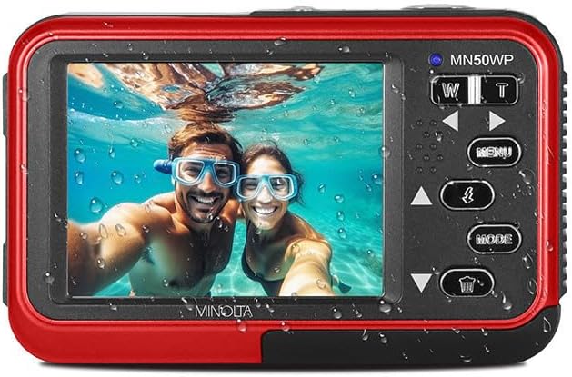 Minolta 48MP Underwater Digital Camera – 5K Ultra HD Video, Autofocus, 16x Digital Zoom, Dual LCD Screens, Selfie Front Screen, Waterproof to 13ft, Rechargeable Battery, 32GB Card (Red)