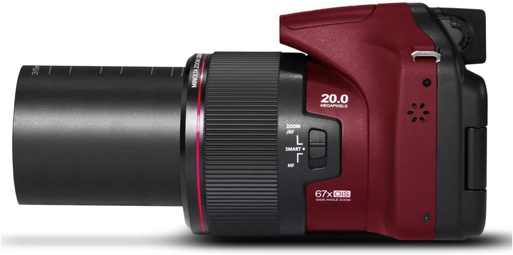 Minolta Pro Shot 20MP Digital Camera – 67x Optical Zoom, Full 1080p HD Video, Optical Image Stabilization, Wi-Fi, 3-inch Articulating LCD Screen, 27 Scene Modes – Includes 16GB SD Card (Red)