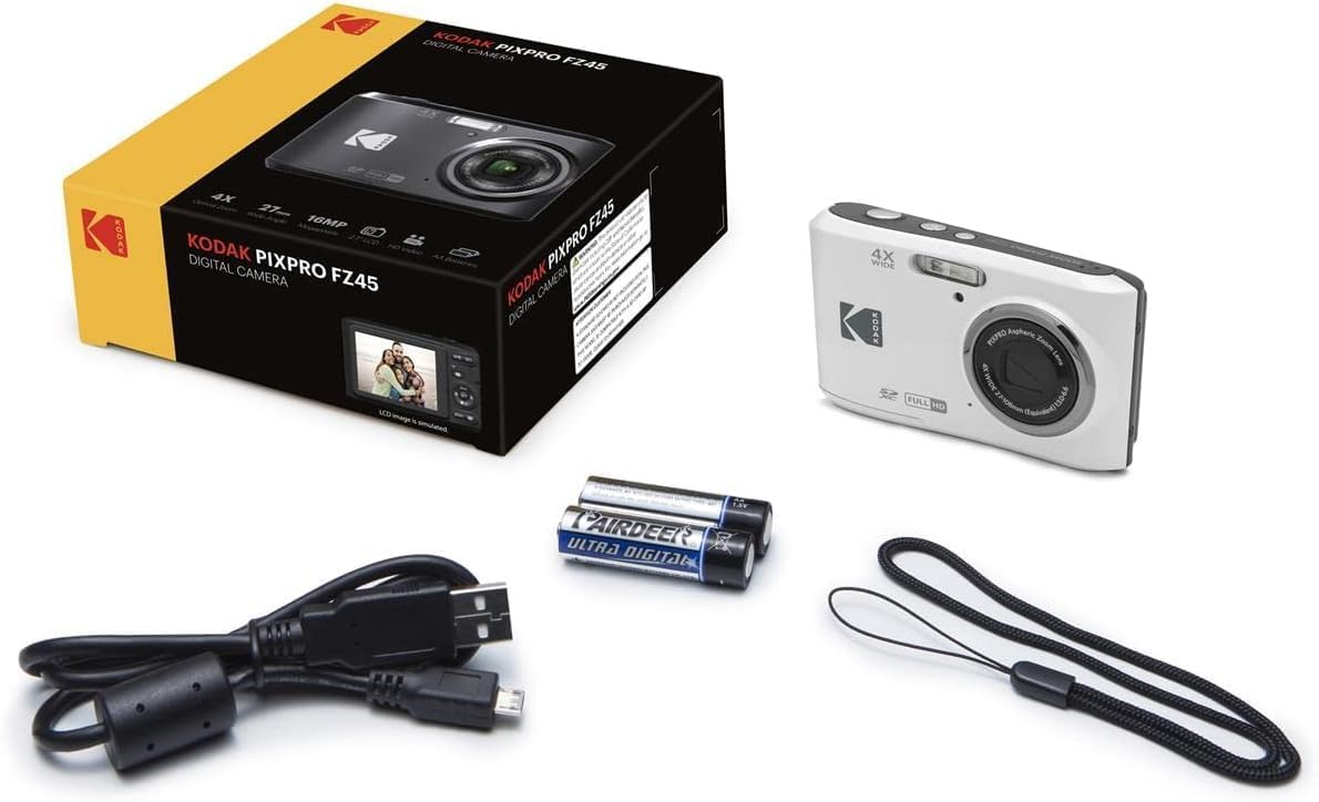 Kodak PIXPRO FZ45 Friendly Zoom 16MP Full HD Digital Camera, Bundle with 32GB Memory Card and Camera Bag, Flexible Tripod, and Card Reader (White)