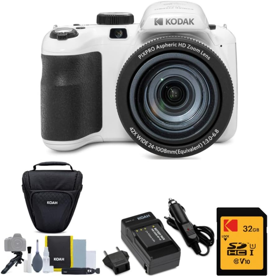 Kodak PIXPRO Astro Zoom AZ425 20MP Digital Camera (White) Bundle with 32GB SD Card, Rechargeable Battery and Charger Kit, Camera Case and Accessory Kit (4 Items)