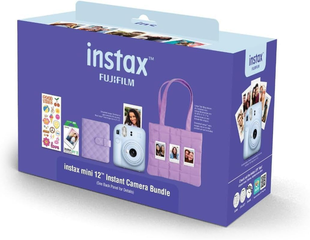 FUJIFILM INSTAX Mini 12 Holiday Bundle 2025 | with Extra Instax Mini Film + 4 Pk AA Batteries & Sunshine Photo Microfiber Cleaning Cloth (10 Items) (20 Sheets, Pastel Blue)