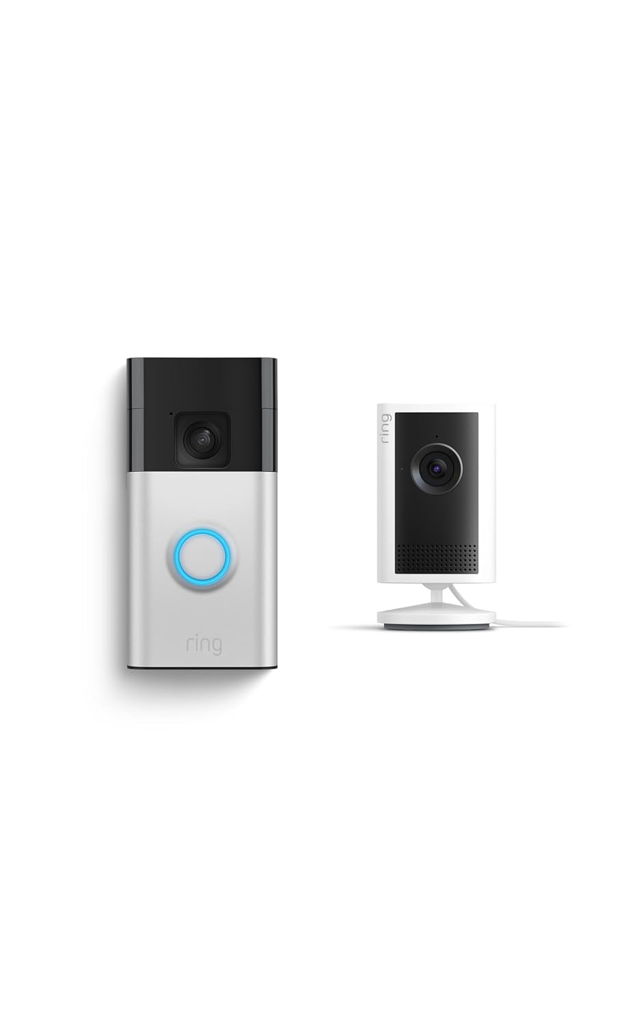Ring Indoor Cam Plus, Plug-In (Newest Model), White with Battery Doorbell, Satin Nickel