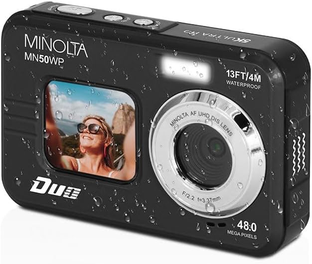 Minolta 48MP Underwater Digital Camera – 5K Ultra HD Video, Autofocus, 16x Digital Zoom, Dual LCD Screens, Selfie Front Screen, Waterproof to 13ft, Rechargeable Battery, 32GB Card (Black)