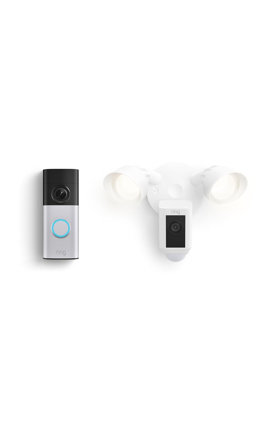 Ring Wired Doorbell Plus (Newest Model), Nickel Silver with Floodlight Cam Plus, White