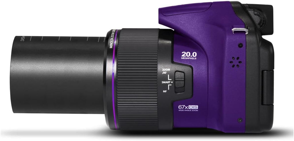 Minolta Pro Shot 20MP Digital Camera – 67x Optical Zoom, Full 1080p HD Video, Optical Image Stabilization, Wi-Fi, 3-inch Articulating LCD Screen, 27 Scene Modes – Includes 16GB SD Card (Purple)