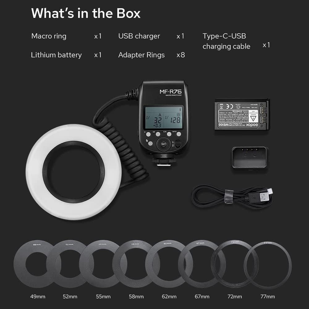 Godox MF-R76 LED Micro Ring Flash with 2600mAh Li-ion Battery and LCD Display Adapter Rings for Canon Sony Nikon Fuji Olympus Panasonic Pentax Camera Flash Speedlight Speedlite Light