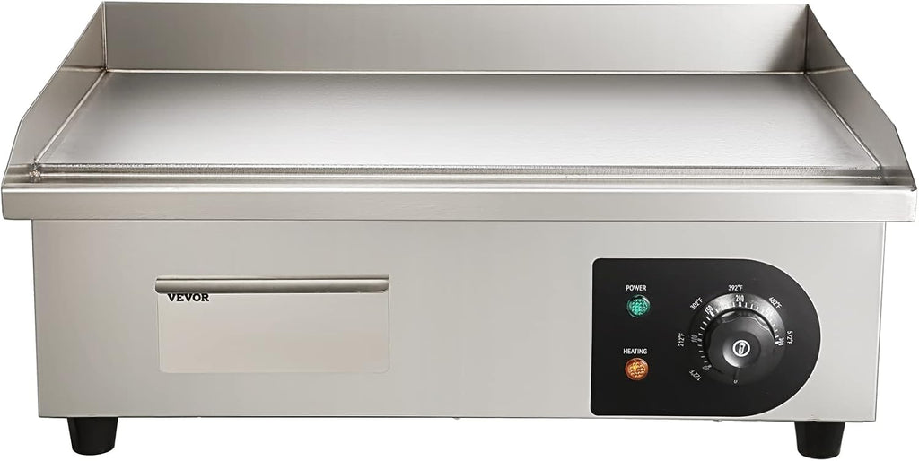 VEVOR Commercial Electric Griddle, 22', 1600W Countertop Flat Top Griddle, Stainless Steel Teppanyaki Grill w/Iron Cooking Plate, 122-572℉ Adjustable Temp Control 2 Shovels & Brushes, 110V