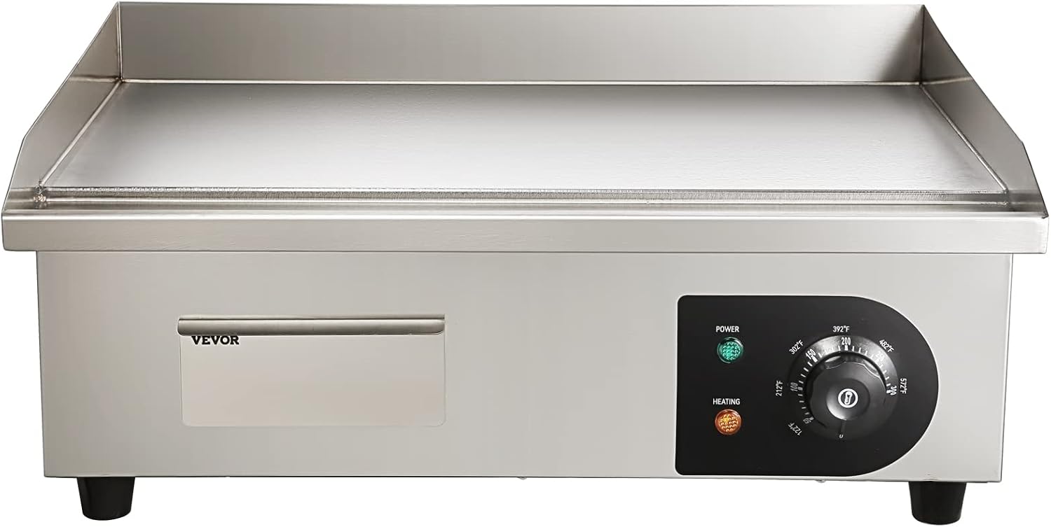 VEVOR Commercial Electric Griddle, 22', 1600W Countertop Flat Top Griddle, Stainless Steel Teppanyaki Grill w/Iron Cooking Plate, 122-572℉ Adjustable Temp Control 2 Shovels & Brushes, 110V