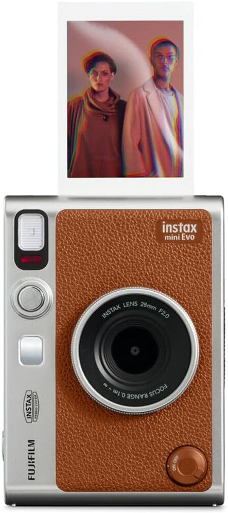 FUJIFILM INSTAX MINI EVO Hybrid Instant Camera (Brown) Bundle with 20 Instant Film Sheets + 32GB Memory Card + Carrying Case + Photo Album 64 Pockets + Microfiber Cleaning Cloth