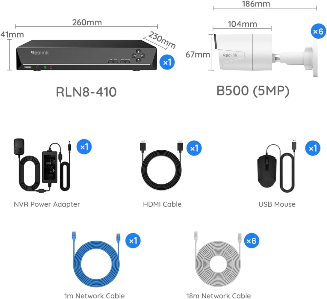 REOLINK 8CH 5MP Home Security Camera System, 6pcs Wired Outdoor PoE IP Cameras with Person/Vehicle/Pet Detection, 4K/8MP 8CH NVR with 2TB HDD for 24-7 Recording, RLK8-410B6-5MP