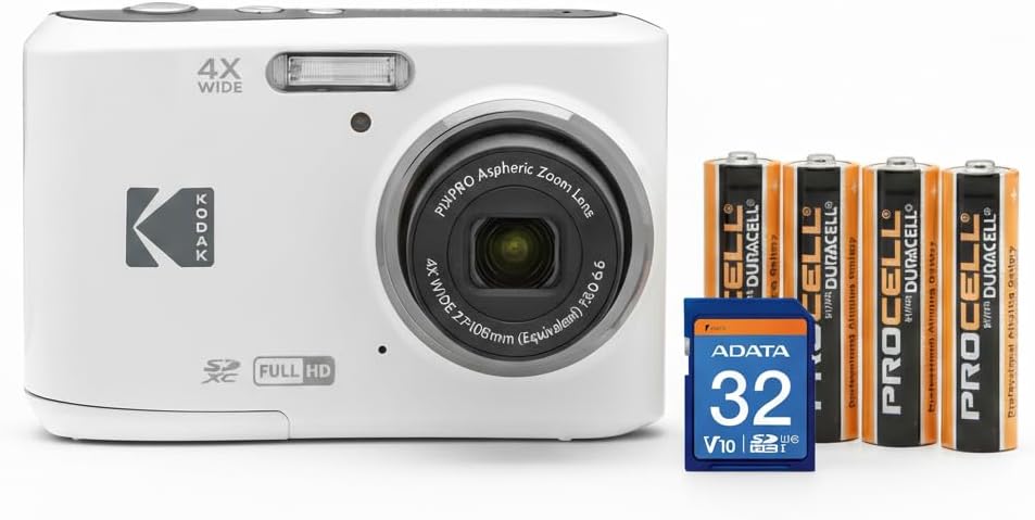 Kodak PIXPRO FZ45 Friendly Zoom Digital Camera (White) Bundle with 32GB SD Card and AA Batteries (4-Pack) (3 Items)