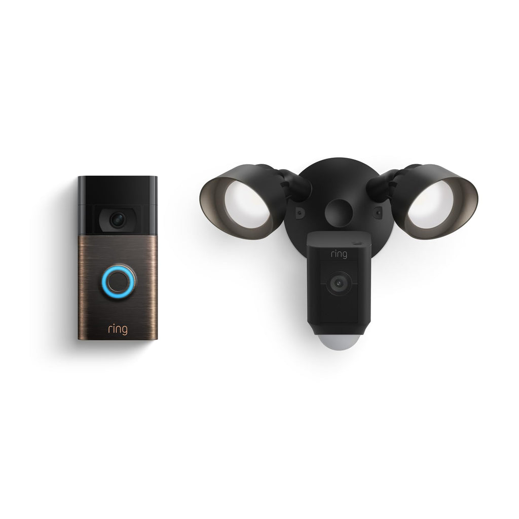 Ring Floodlight Cam Wired Plus, Black with Ring Video Doorbell, Venetian Bronze