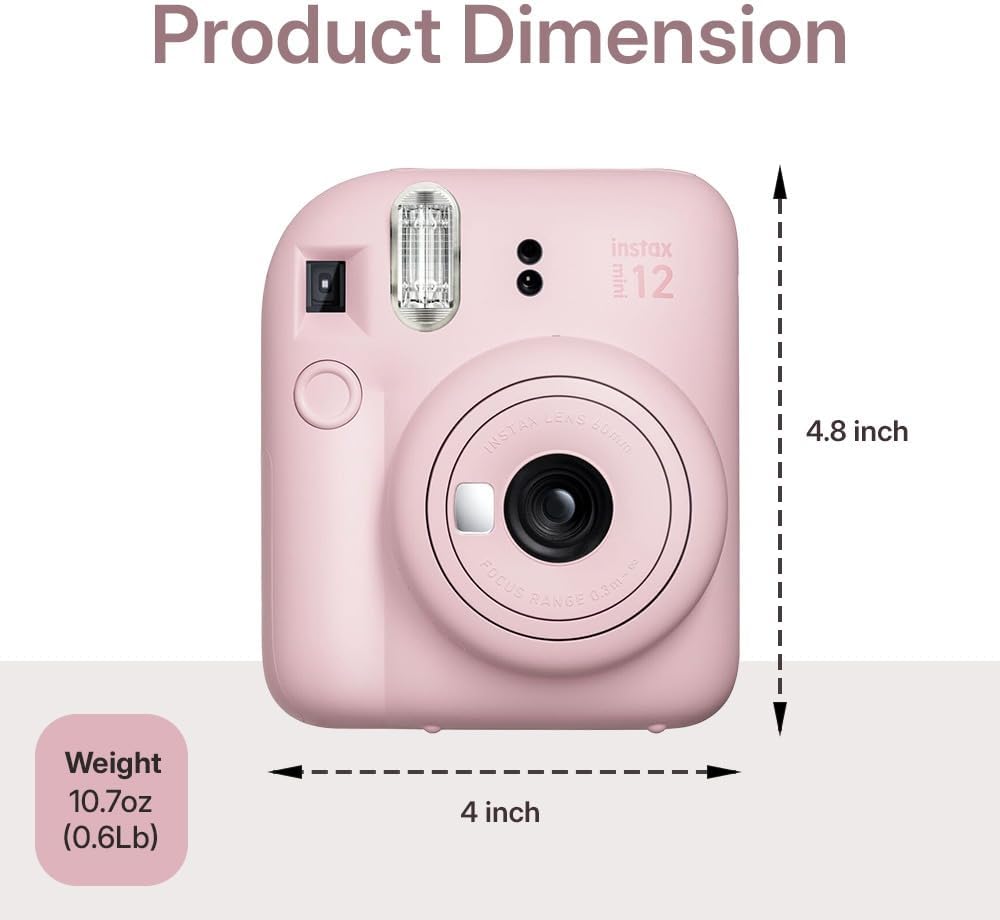 Fujifilm Instax Mini 12 Instant Camera Blossom Pink Bundle – Includes 40-Sheets Instax Mini Film, Protective Case, and Mini Photo Album