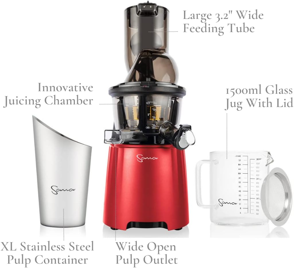 SANA 868 Wide Mouth Premium Cold Pressed Vertical Juicer | Patented Trap Door System | Includes 2 Premium Accessories | 240W High Torque Motor | 15 Year Warranty (Red)