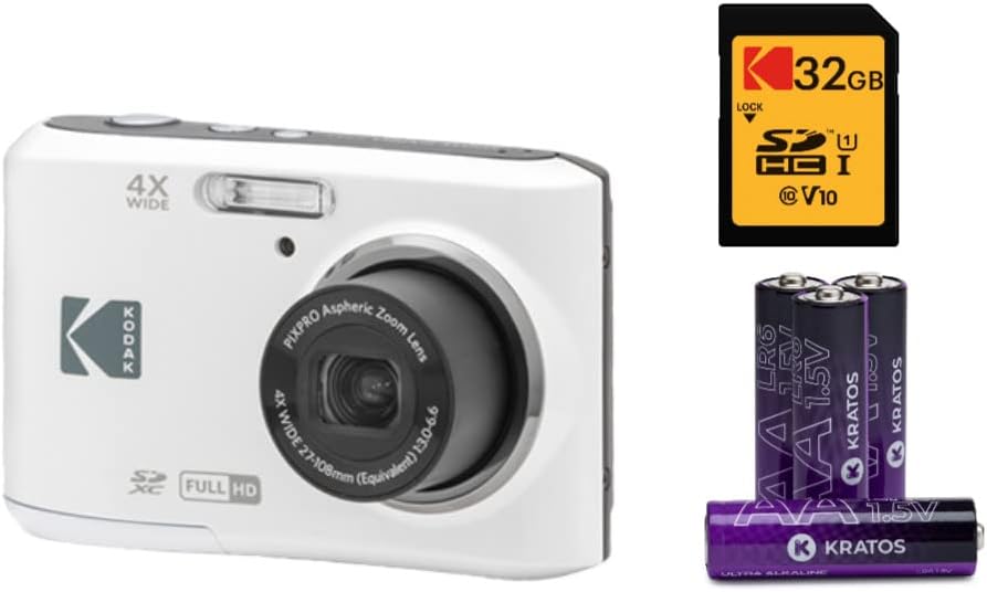 Kodak PIXPRO Friendly Zoom FZ45-WH 16MP Digital Camera with 4X Optical Zoom 27mm Wide Angle and 2.7' LCD Screen (White) Bundle with 32GB Memory Card, and AA-Batteries (4-Pack) (6 Items)