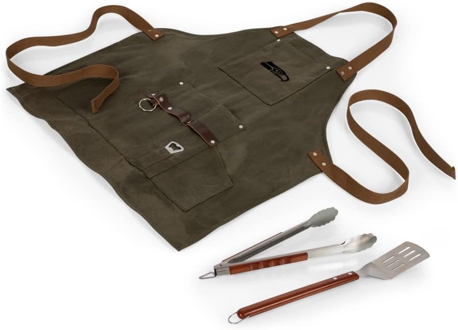 PICNIC TIME NFL BBQ Apron with Tools & Bottle Opener, (Khaki Green with Beige Accents)
