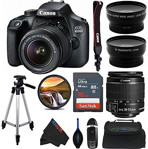 PixiBytes EOS 4000D DSLR Camera with 18-55mm f/3.5-5.6 III Lens with 50-Inch Tripod and Pixi Advanced Bundle (International Version) (Renewed)