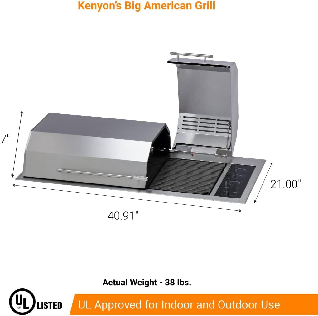 Kenyon The Big American Grill, Electric Grill With 3 Burners And 2 Piece Lid, Stainless Steel Body, Rust-Proof Grill With IntelliKEN Touch Control, UL-Approved For Indoor And Outdoor Use, 240V