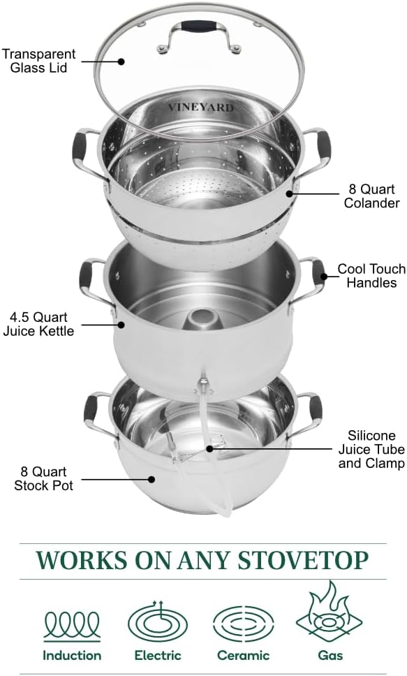 VINEYARD Deluxe Stainless Steel Steam Juicer & Roaster Set - Induction Friendly, Tempered Glass Lid, Cool-Touch Handles, 8 Quart Capacity
