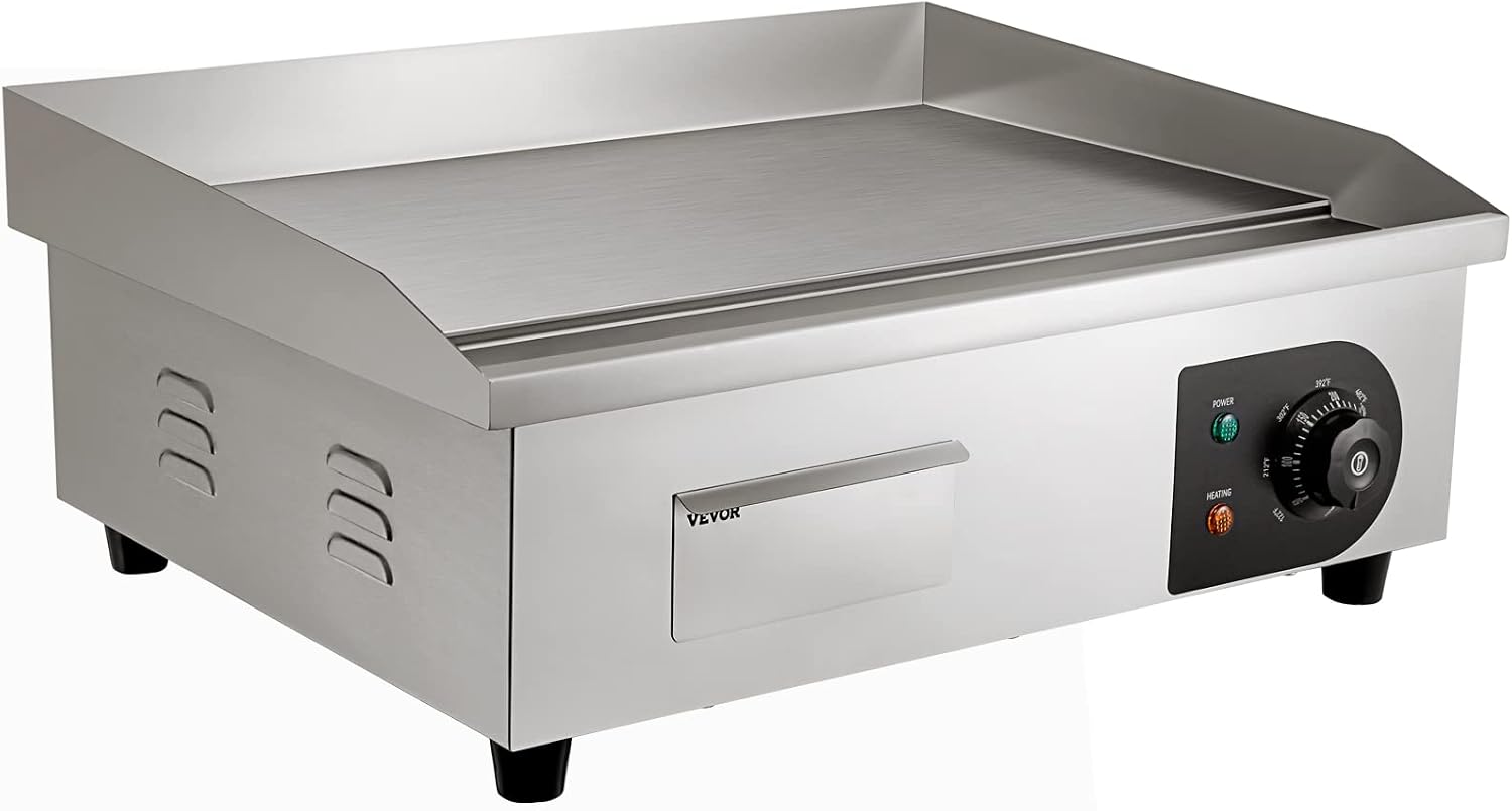 VEVOR Commercial Electric Griddle, 22', 1600W Countertop Flat Top Griddle, Stainless Steel Teppanyaki Grill w/Iron Cooking Plate, 122-572℉ Adjustable Temp Control 2 Shovels & Brushes, 110V