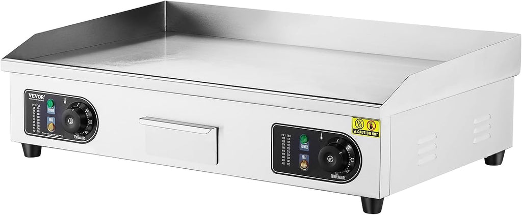 VEVOR Commercial Electric Griddle, 2800W Countertop Flat Top Grill, 122℉-572 ℉ Adjustable Temp, 29in Stainless Steel Griddle Grill with 2 Shovels and 2 Brushes for Home or Restaurant(110V No Plug)