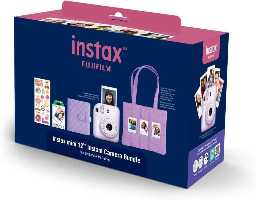 FUJIFILM INSTAX Mini 12 Holiday Bundle 2025 | with Extra Instax Mini Film + 4 Pk AA Batteries & Sunshine Photo Microfiber Cleaning Cloth (10 Items) (20 Sheets, Lilac Purple)