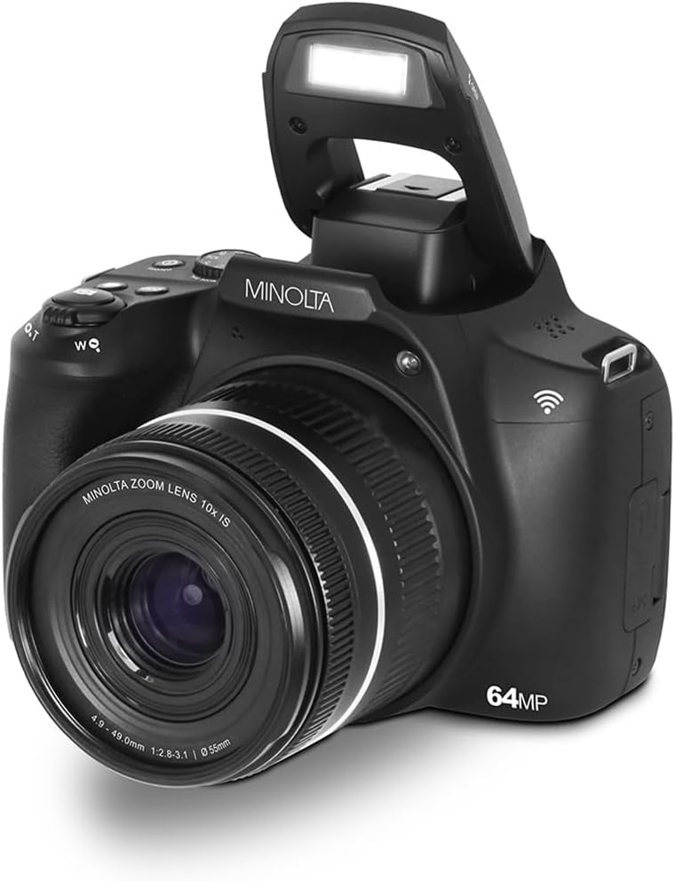 Minolta 64MP Digital Camera – 10x Optical Zoom, 4K Ultra HD Video, Macro Shooting, Anti-Shake, 3-inch LCD Screen, Face Detection – Includes 32GB SD Card, Battery & Case (Black)
