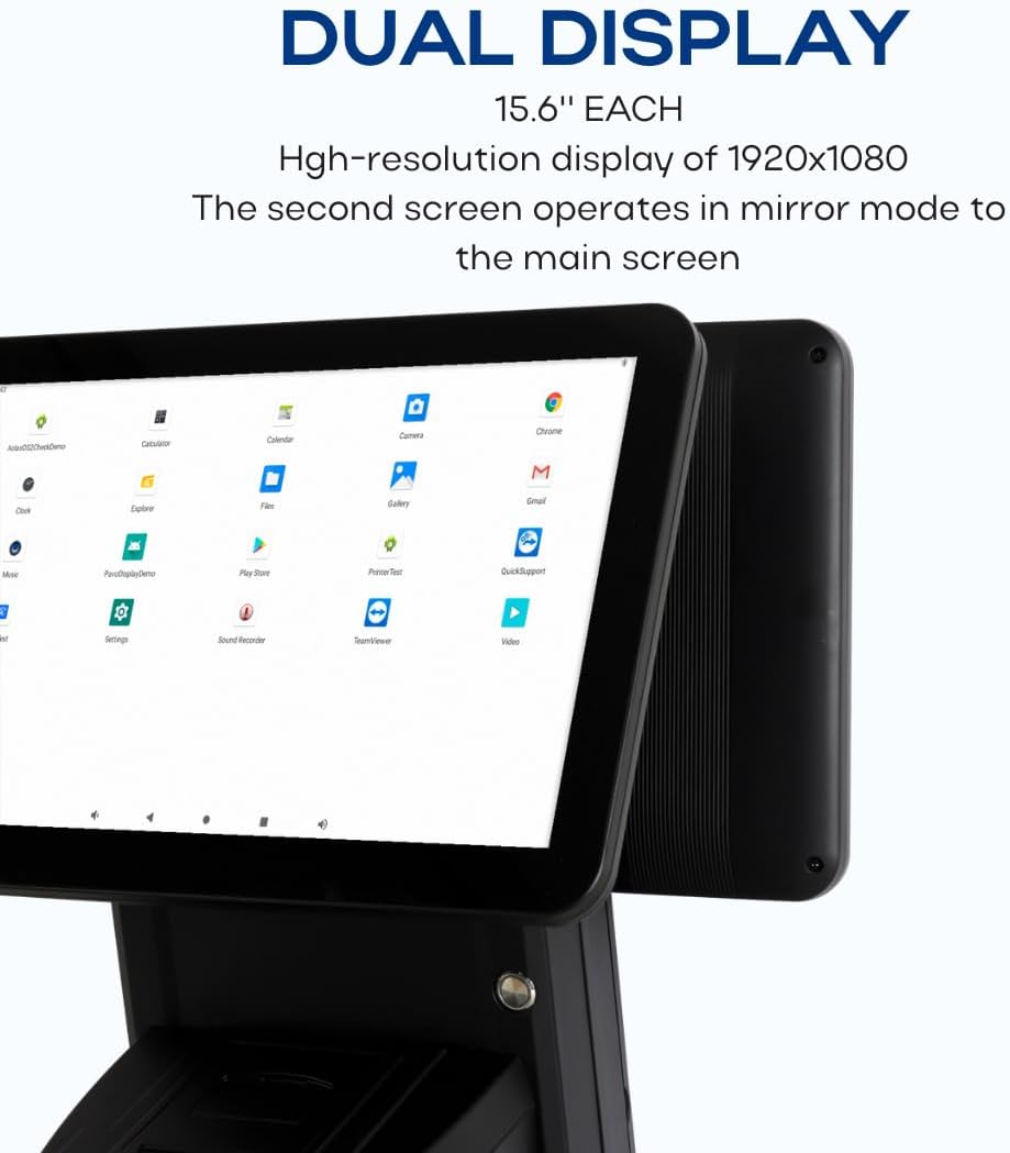 All in One Point of Sale M9 with 15.6'' Dual Touch Screen. OS Android 11 and i3 Processor.. Touch Pos with 58mm Thermal Printer for Receipts, powerful configuration Wi-fi, 4GB RAM and 64GB ROM.