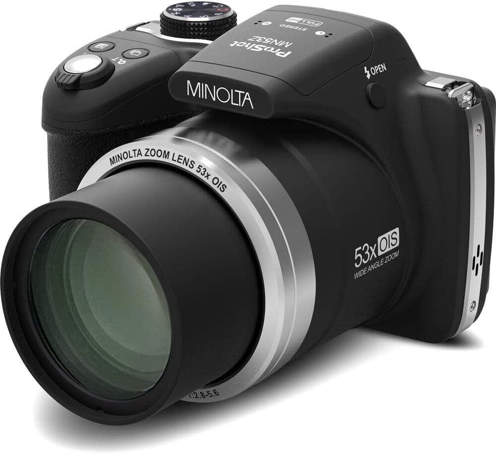 MINOLTA MN53Z 16 MP / 1080P FHD Bridge Digital Camera w/53x Optical Zoom (Black) Bundle with 32GB Memory Card + Camara Bag + Cleaning Kit + Vlogging Tripod + Accessories