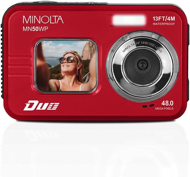 Minolta 48MP Underwater Digital Camera – 5K Ultra HD Video, Autofocus, 16x Digital Zoom, Dual LCD Screens, Selfie Front Screen, Waterproof to 13ft, Rechargeable Battery, 32GB Card (Red)