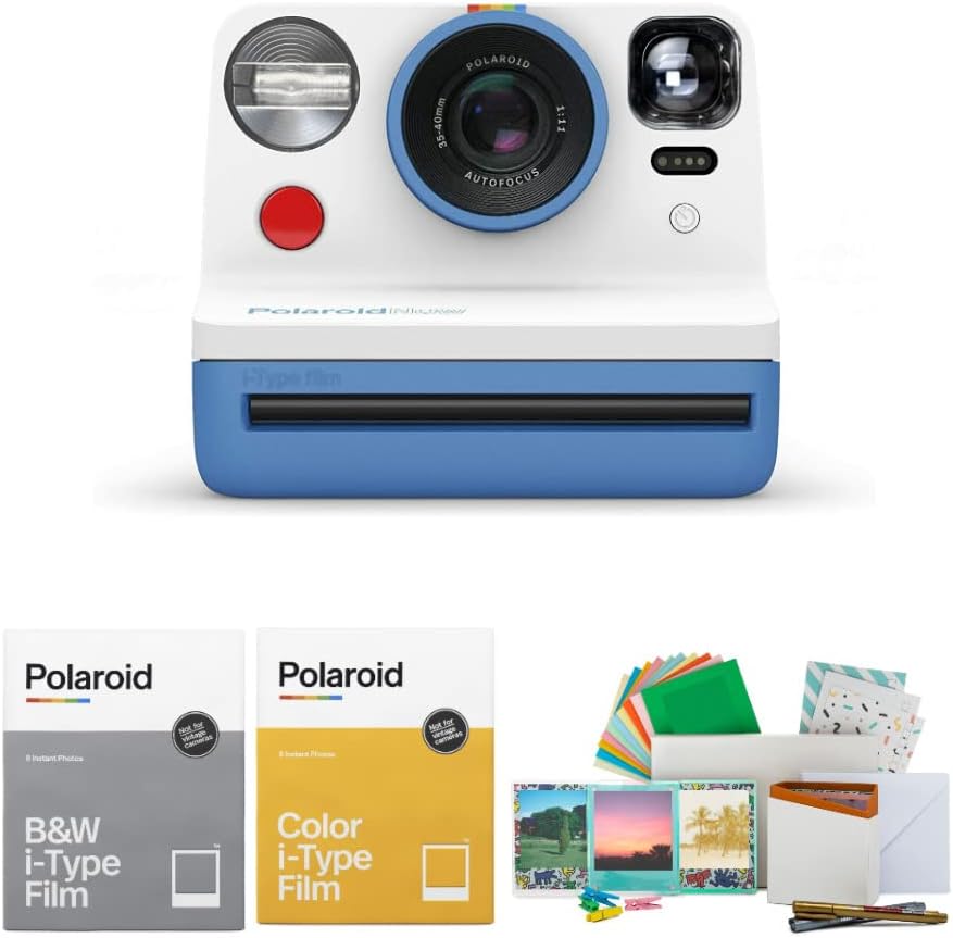 Polaroid Originals Now Viewfinder i-Type Instant Camera (Blue) Bundle with Color and B and W Instant Films and Reusable Vintage Photo Accessory Kit (4 Items)