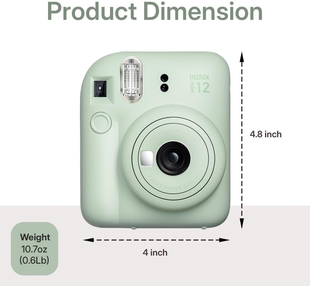 Fujifilm Instax Mini 12 Instant Camera Mint Green Bundle – Includes 40-Sheets Instax Mini Film, Protective Case, and Mini Photo Album