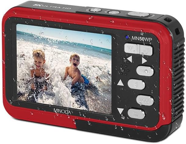 Minolta 48MP Underwater Digital Camera – 5K Ultra HD Video, Autofocus, 16x Digital Zoom, Dual LCD Screens, Selfie Front Screen, Waterproof to 13ft, Rechargeable Battery, 32GB Card (Red)