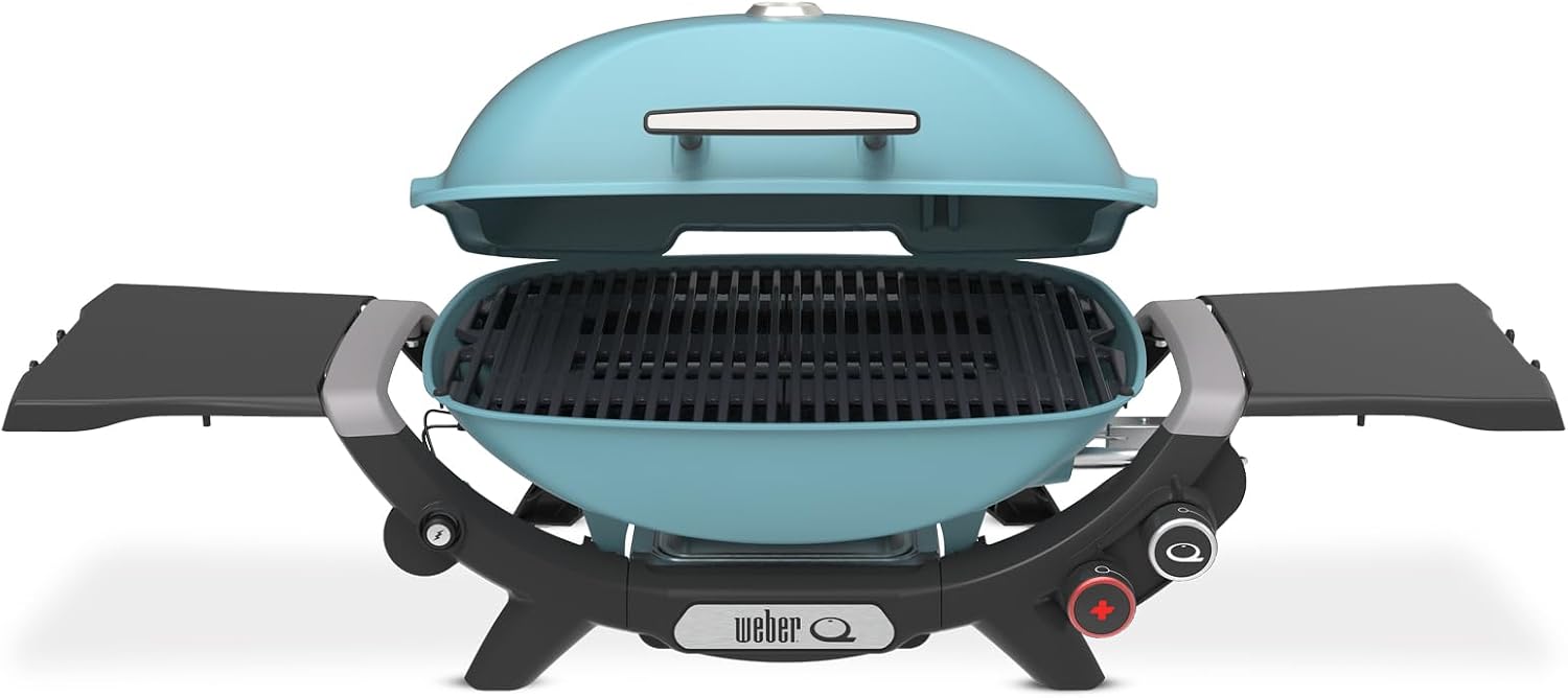 Weber Q 2800N+ Liquid Propane Portable Grill, Sky Blue – Wide 250°–700°F Temp Range with Plus Burner for Searing, Low‑Temp Roasting & High-Dome Lid for Travel & Camping