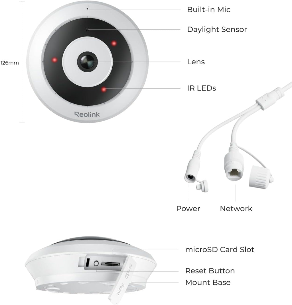 REOLINK 6MP PoE IP Fisheye Camera with 360° View, Surveillance for Home/Office Security, Smart Human Detection, Two Way Talk, Ceiling/Wall/Desk Mount, Multiple Panoramic Display Views, FE-P(White)