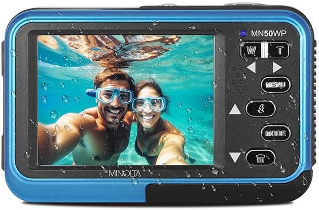 Minolta 48MP Underwater Digital Camera – 5K Ultra HD Video, Autofocus, 16x Digital Zoom, Dual LCD Screens, Selfie Front Screen, Waterproof to 13ft, Rechargeable Battery, 32GB Card (Blue)