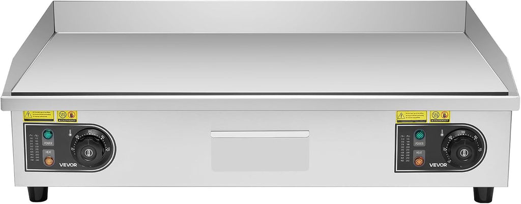 VEVOR Commercial Electric Griddle, 28.54 x 15.75 in, 4400W, 122-570°F Adjustable Temp Control, Stainless Steel Countertop Full Flat Top Grill with 2 Spatulas, 2 Brushes, for Steak, Pancake(NO PLUG)